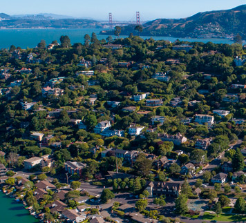 Birds eye view of Belvedere, Tiburon, the San Francisco Bay and Golden Gate Bridge.