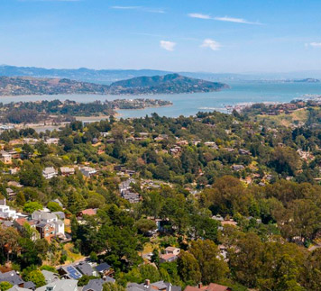Birds eye view of Mill Valley neighborhood, lush trees, charming houses San Francisco Bay and Angel Island in background.