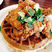 plate of fried chicken and waffles from The Hummingbird restaurant in Fairfax